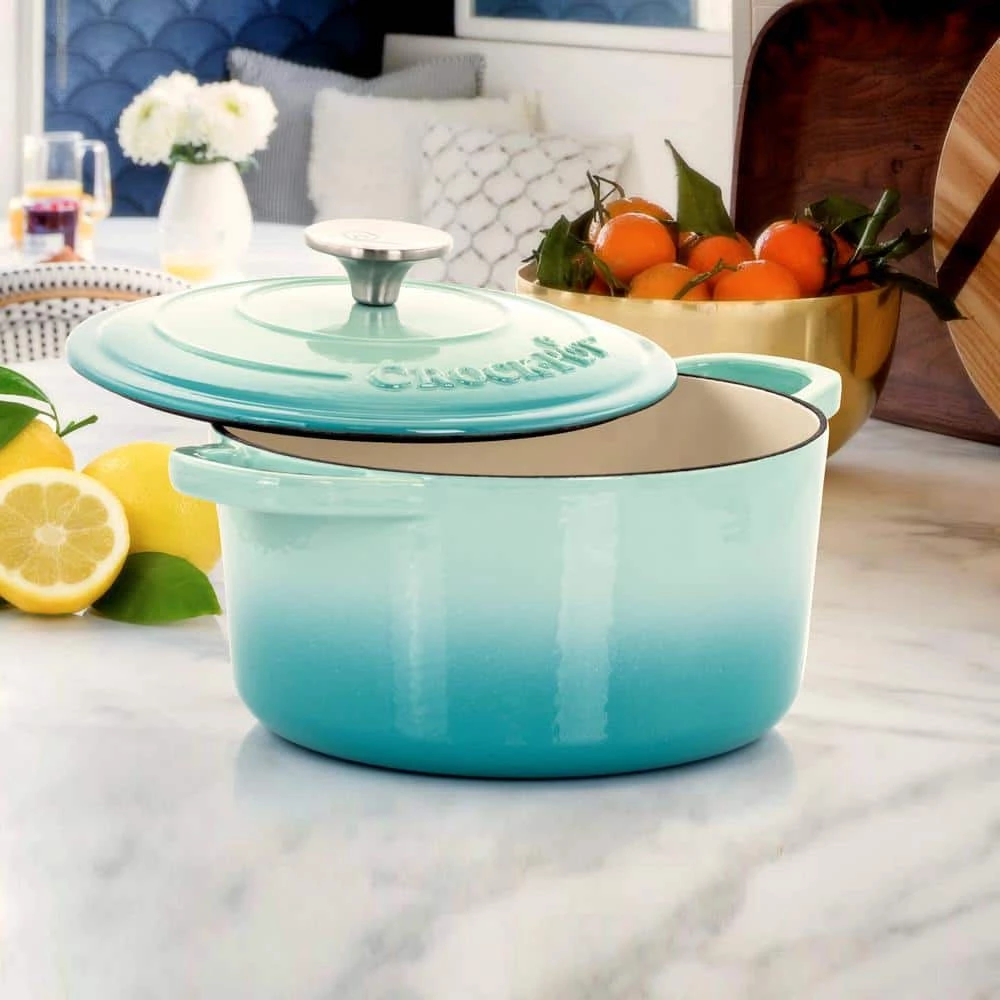 Artisan 3 qt. Round Cast Iron Nonstick Dutch Oven in Aqua Blue with Lid by Crock-pot - Image 3