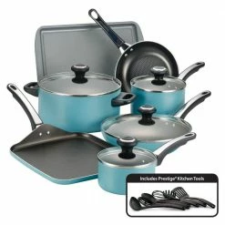 High Performance 17-Piece Aluminum Nonstick Cookware Set in Aqua by Farberware