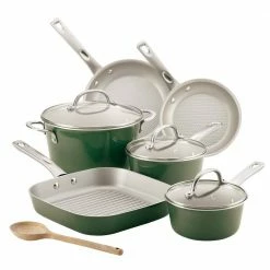 Ayesha Home Collection Porcelain Enamel Nonstick Cookware Set, 10-Piece, Basil Green by Ayesha Curry