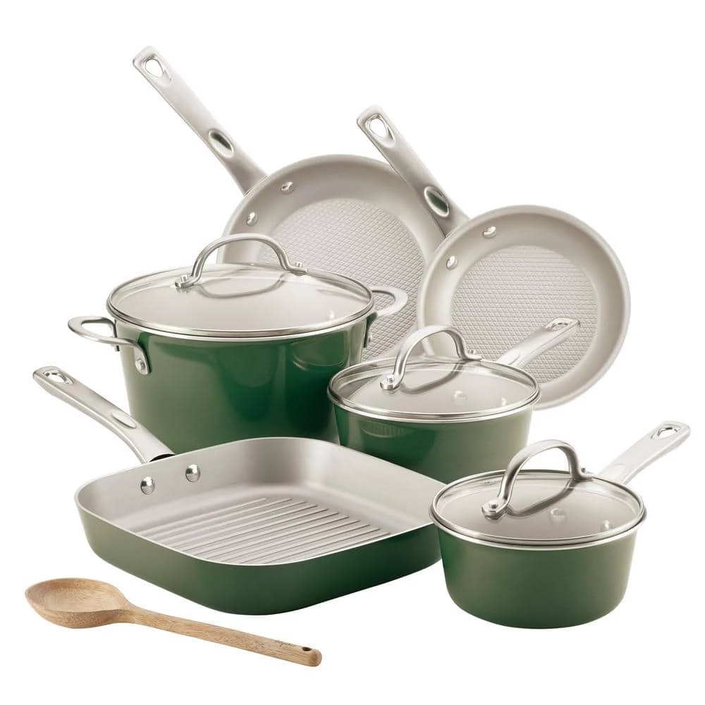Ayesha Home Collection Porcelain Enamel Nonstick Cookware Set, 10-Piece, Basil Green by Ayesha Curry