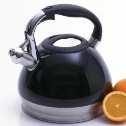 Triumph 14-Cup Black Stainless Steel Stovetop Tea Kettle with Whistle by Creative Home