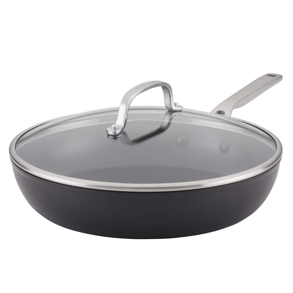 12.25 in. Hard-Anodized Induction Aluminum Nonstick Frying Pan with Lid Black Matte by KitchenAid