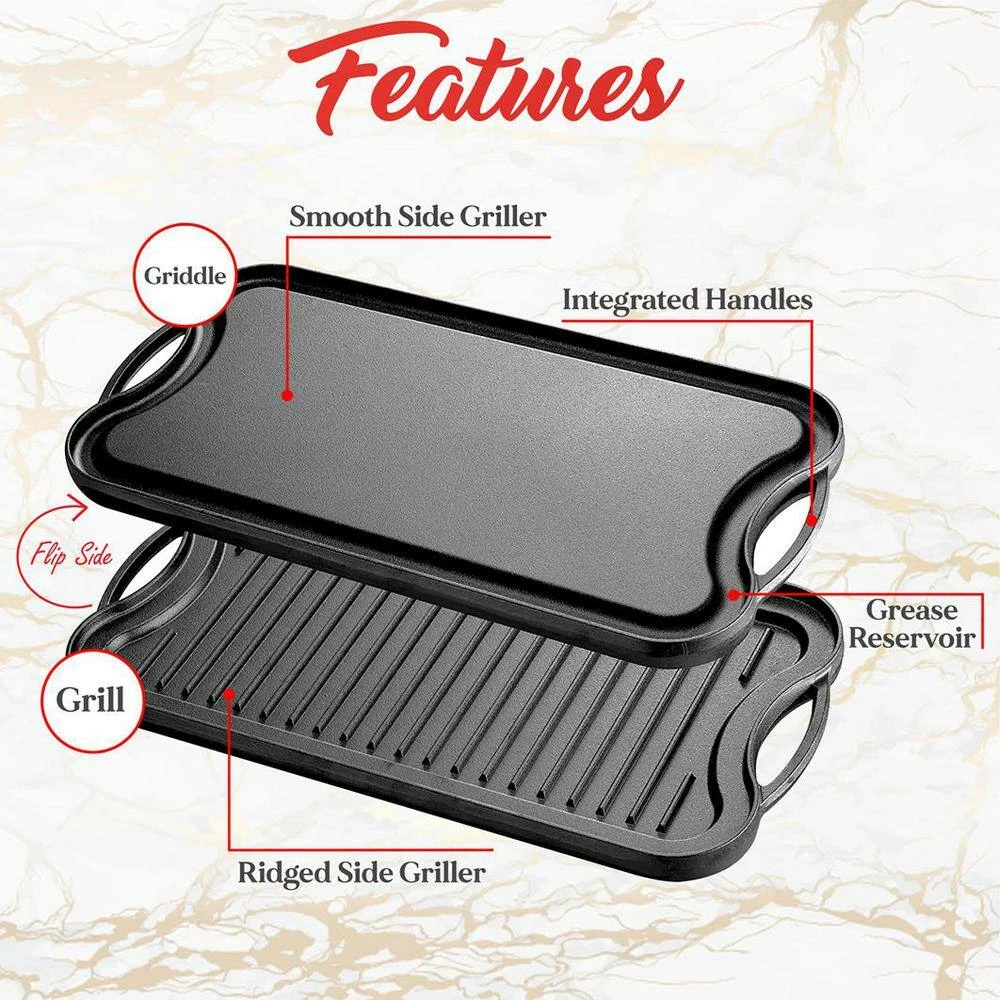 19.96 in. Kitchen Flat Grill Plate Pan Reversible Cast Iron Griddle Classic Flat Grill Pan Design with Scraper by NutriChef - Image 4