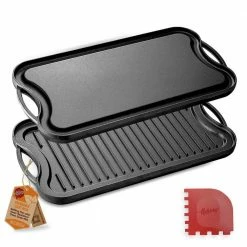 19.96 in. Kitchen Flat Grill Plate Pan Reversible Cast Iron Griddle Classic Flat Grill Pan Design with Scraper by NutriChef