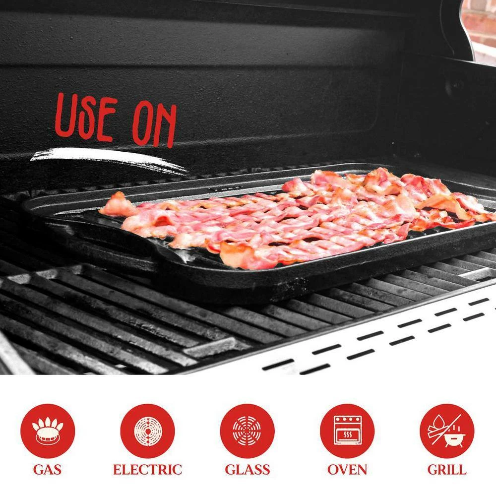 19.96 in. Kitchen Flat Grill Plate Pan Reversible Cast Iron Griddle Classic Flat Grill Pan Design with Scraper by NutriChef - Image 2