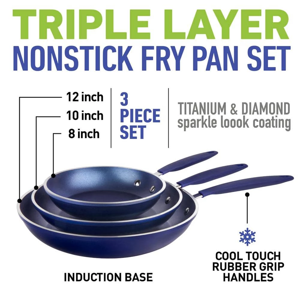 Classic Blue 3-Piece Aluminum Nonstick Mineral and Diamond Triple Coated Frying Pan Set (8 in., 10 in. and 12 in.) by Granite Stone Diamond - Image 4