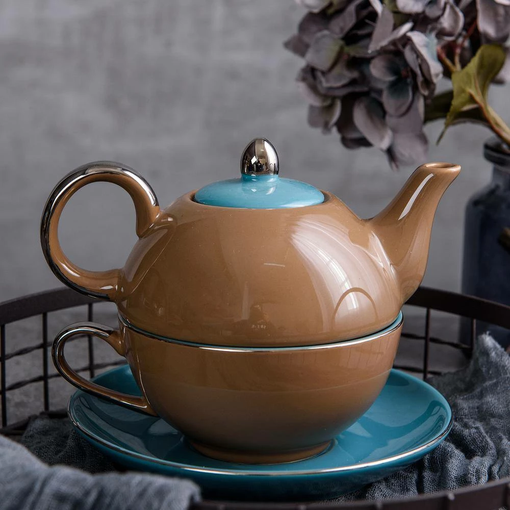 1-Piece Porcelain Teapot Brown Tea Pot Teacup and Saucer Set by Artvigor - Image 3
