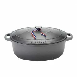 French Enameled 6 qt. Oval Cast Iron Dutch Oven in Caviar Grey with Lid by Chasseur