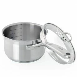 Induction 21 Steel 2.5 qt. Stainless Steel Pour-Spout Sauce Pan in Brushed Stainless Steel with Strainer Glass Lid by Chantal