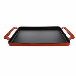 French Enameled 14 in. Rectangular Cast Iron Griddle in Red by Chasseur