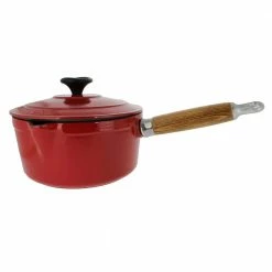 French Enameled 2.5 qt. Cast Iron Sauce Pan in Red with Lid by Chasseur