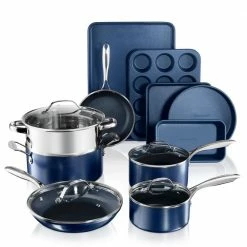 Classic Blue 15-Piece Aluminum Ultra-Durable Non-Stick Diamond Infused Cookware and Bakeware Set by GRANITESTONE