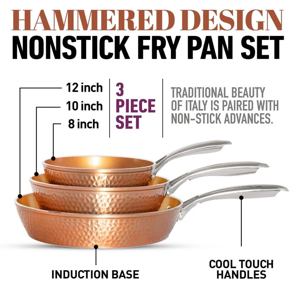 Hammered Copper 3-Piece Aluminum Ti-Ceramic Nonstick Frying Pan Set (8 in., 10 in., and 12 in.) by Gotham Steel - Image 4