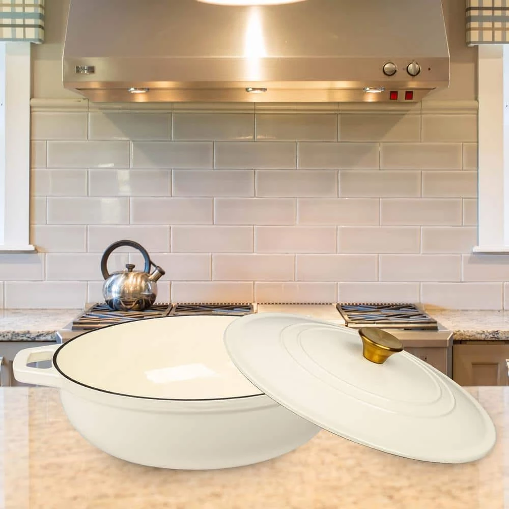 5 qt. Durable Cast Iron Low Pot Dutch Oven in Cream by Lexi Home - Image 4