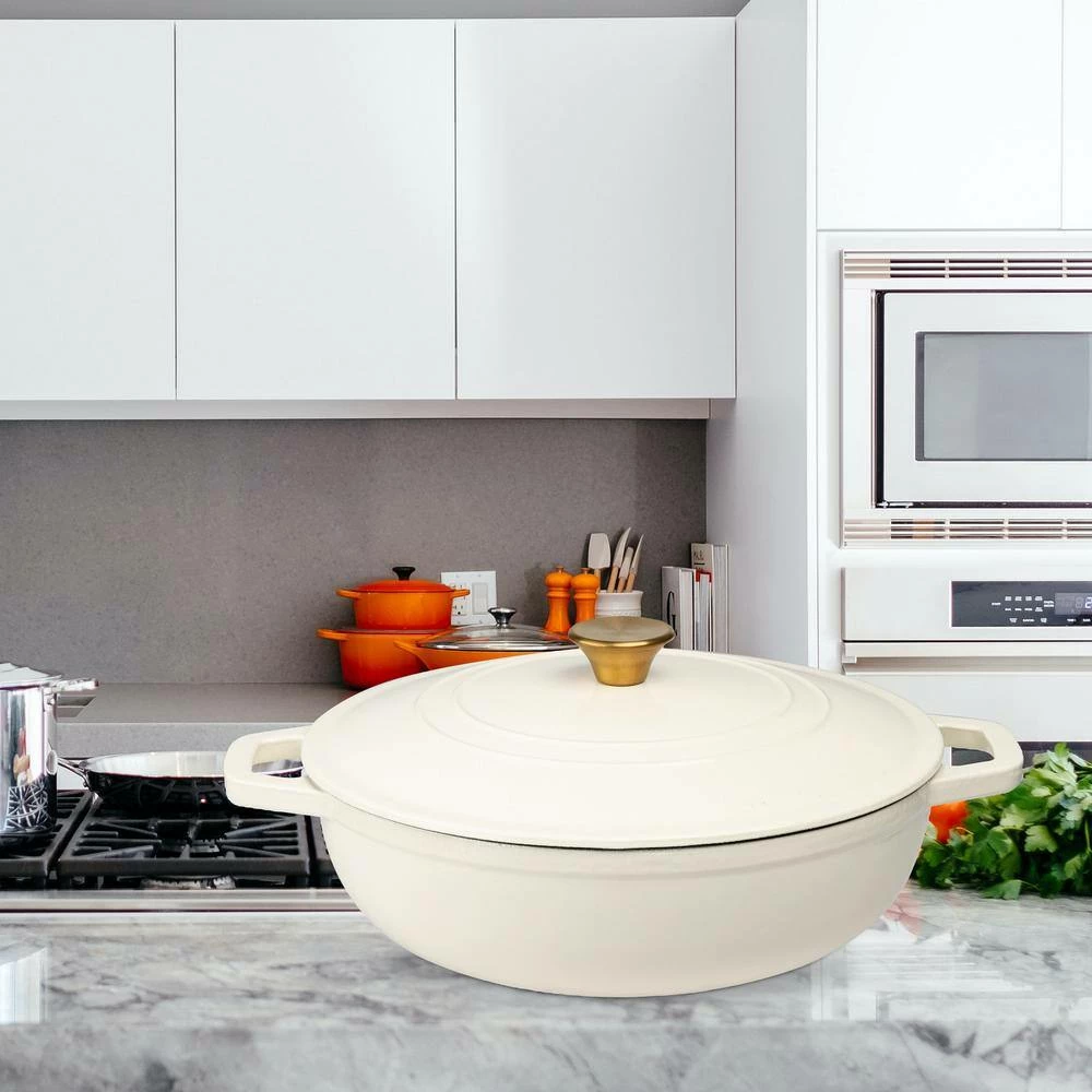 5 qt. Durable Cast Iron Low Pot Dutch Oven in Cream by Lexi Home - Image 6