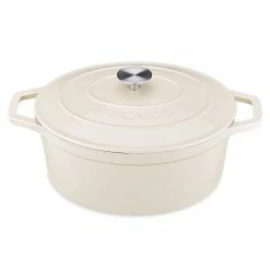 6 qt. Oval Cast Iron Nonstick Dutch Oven in Cream with Lid by vancasso
