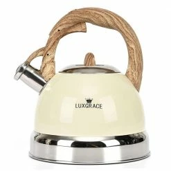 12 Cups Creamy White Stainless Steel Whistling Tea Kettle Teapot with Ergonomic Wood Rubber Touching Handle by Creative Home
