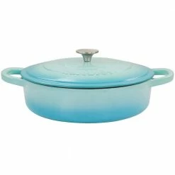 Artisan 5 qt. Gradient Aqua Blue Enameled Cast Iron Round Braiser Pan with Lid by Crock-Pot