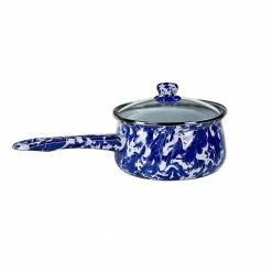 Cobalt Swirl 1.25 qt. Porcelain-Coated Steel Sauce Pan in Sea Glass with Glass Lid by Golden Rabbit