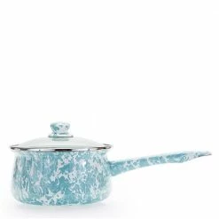 Enamelware 1.25 qt. Porcelain-Coated Steel Sauce Pan in Sea Glass with Glass Lid by Golden Rabbit