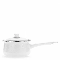 Enamelware 1.25 qt. Porcelain-Coated Steel Sauce Pan in Solid White with Glass Lid by Golden Rabbit