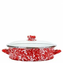 Red Swirl 5 qt. Enamelware Saute Pan with Glass Lid by Golden Rabbit