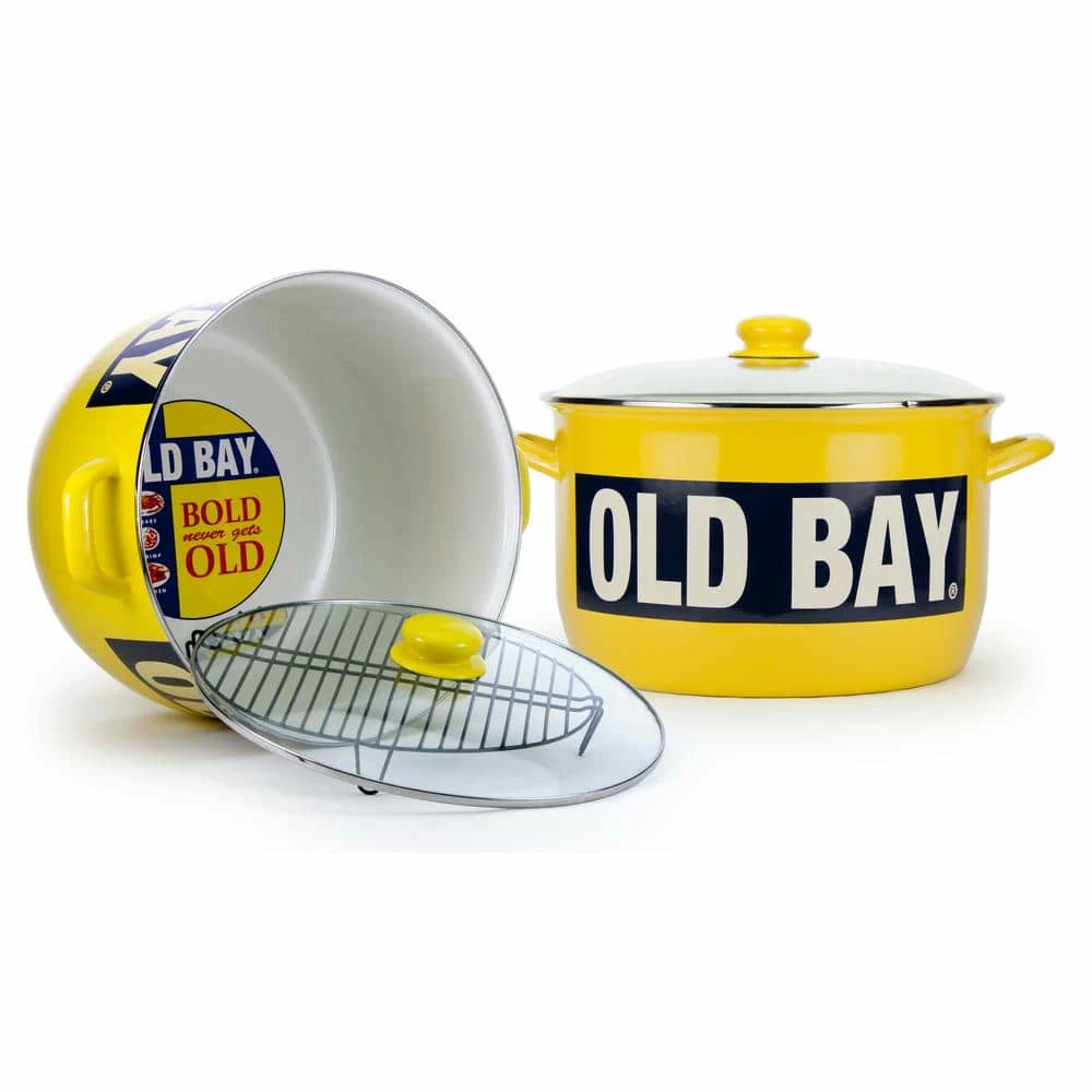 Old Bay 18 qt. Porcelain-Enameled Steel Stock Pot in Yellow with Glass Lid by Golden Rabbit