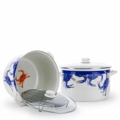 Blue Crab 18 qt. Porcelain-Coated Steel Stock Pot in Blue with Glass Lid by Golden Rabbit