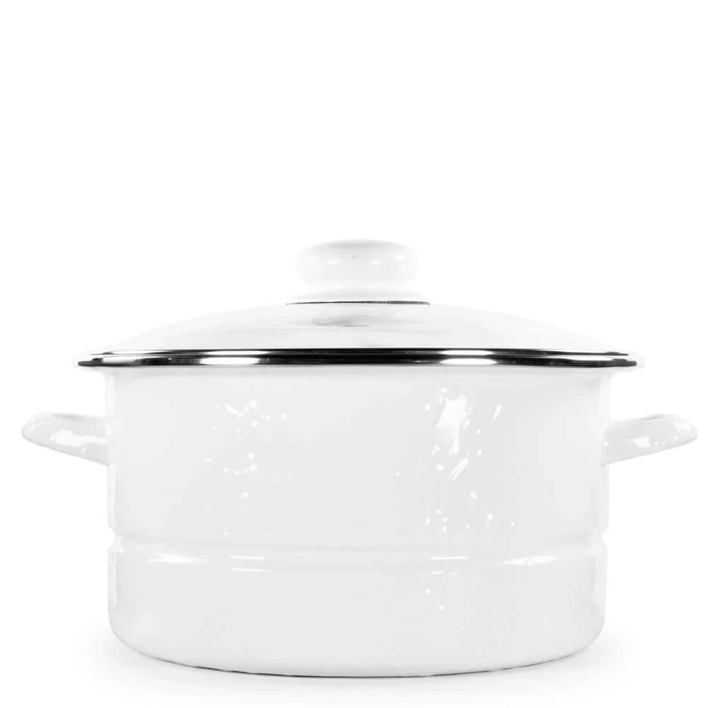 Enamelware 6 qt. Porcelain-Coated Steel Stock Pot in Solid White with Glass Lid by Golden Rabbit