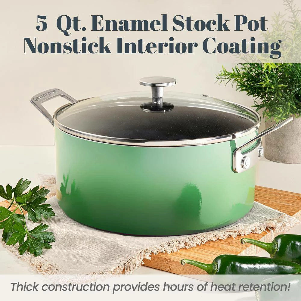 5 qt. Round Green Aluminum Nonstick Ultra-Durable Mineral and Diamond Coating Gradient Brasier Stock Pot with Lid by GRANITESTONE - Image 2