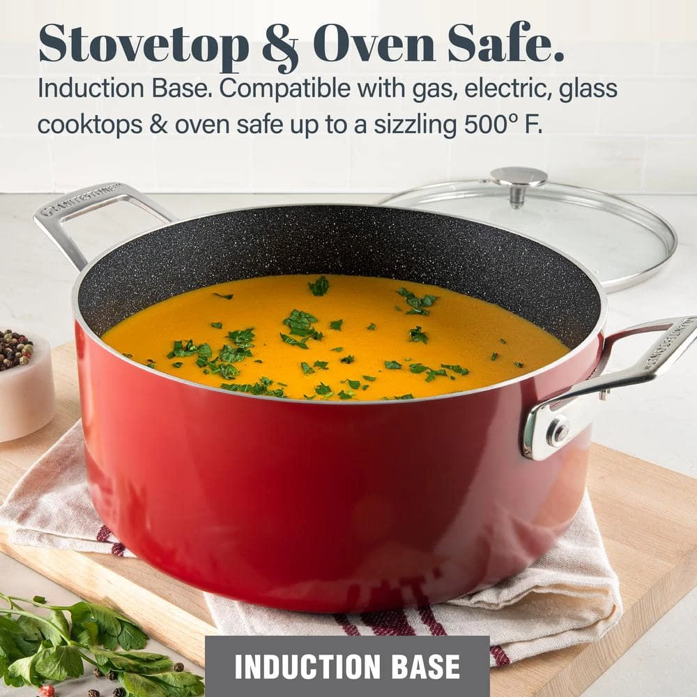 5 qt. Round Red Aluminum Nonstick Ultra-Durable Mineral and Diamond Coating Gradient Brasier Stock Pot with Lid by GRANITESTONE - Image 3