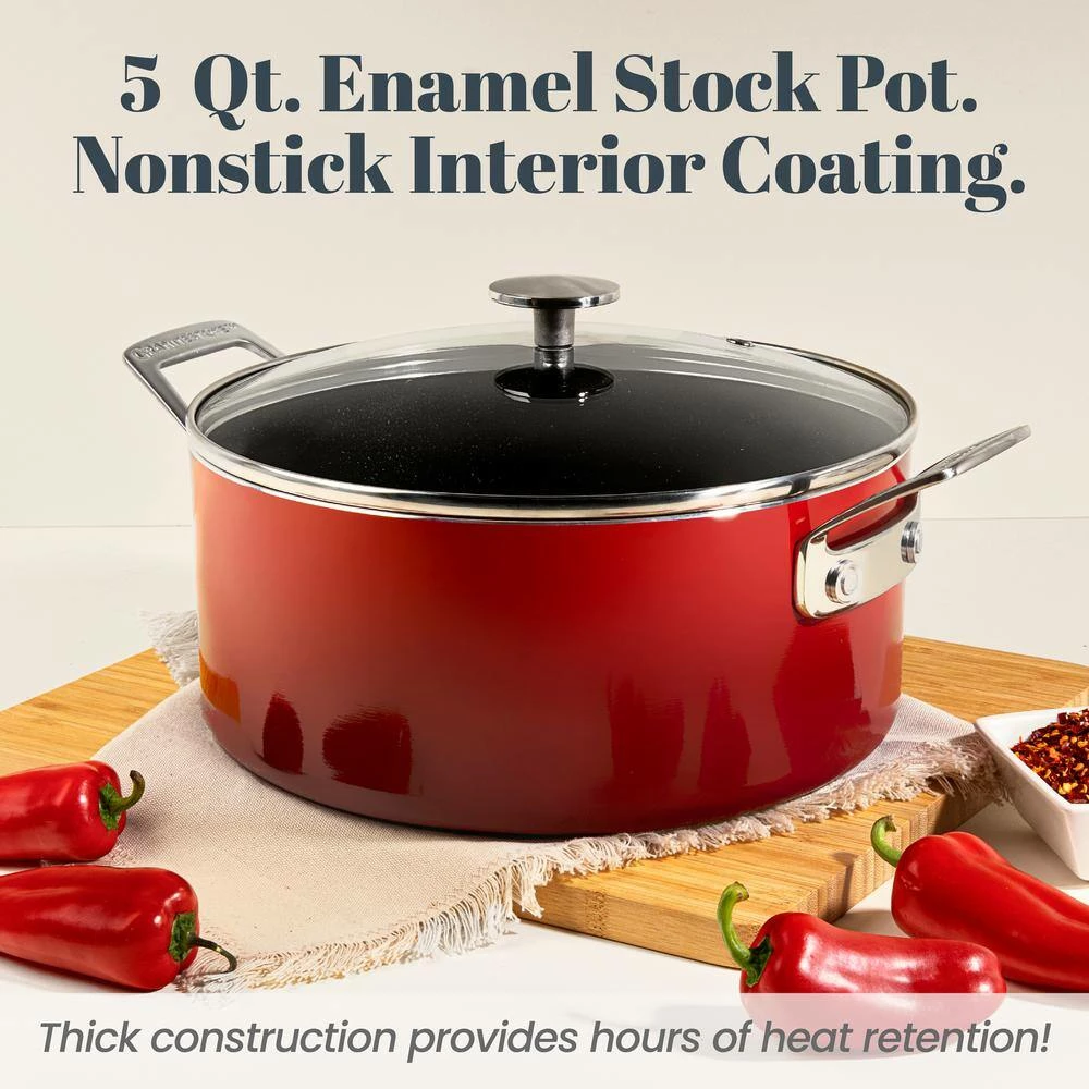 5 qt. Round Red Aluminum Nonstick Ultra-Durable Mineral and Diamond Coating Gradient Brasier Stock Pot with Lid by GRANITESTONE - Image 2