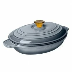 1 qt. Oval Cast Iron Enameled Gray 9 in. Casserole with Lid by LEXI HOME