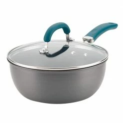 Create Delicious 10 in. Hard-Anodized Aluminum Nonstick Skillet in Gray With Teal Handles with Glass Lid by Rachael Ray