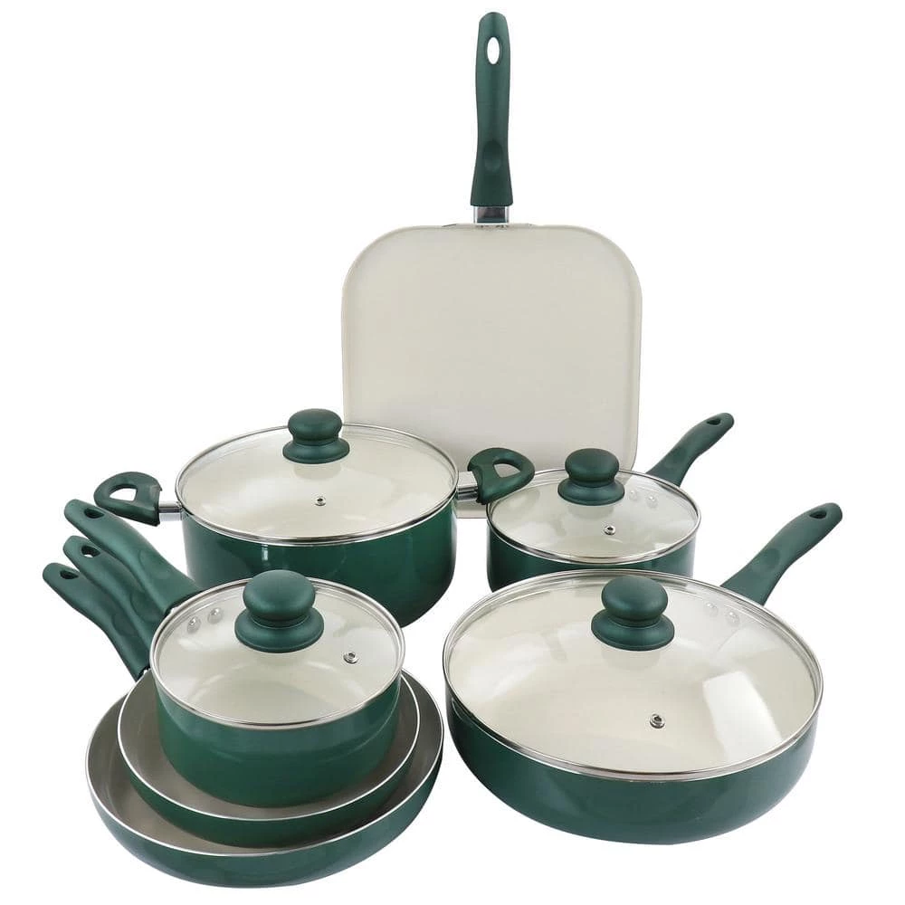 Gazebo Ceramic Nonstick Aluminum 11-Piece Cookware Set in Green by GIBSON HOME