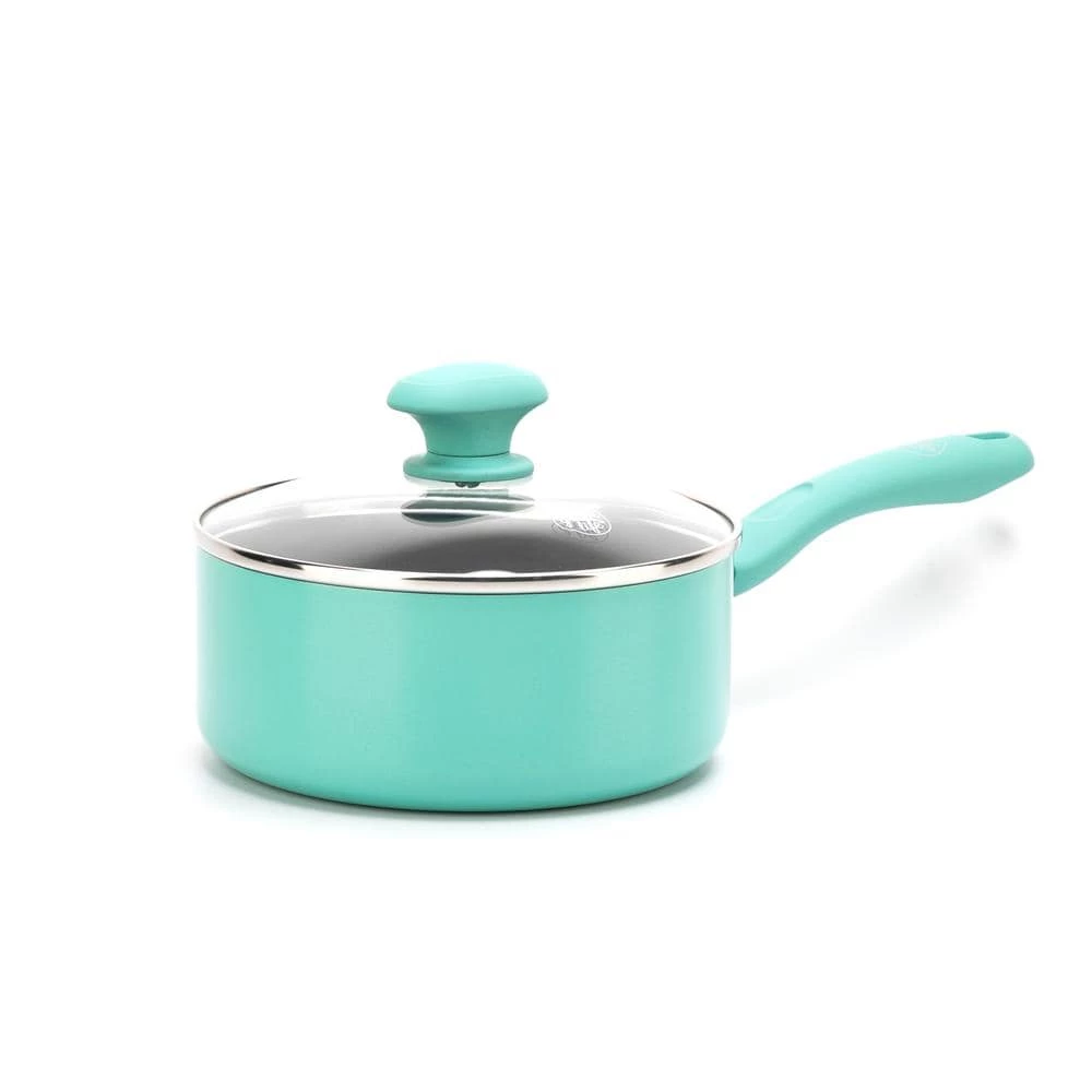 Diamond 2.5 qt. Aluminum Ceramic Nonstick Sauce Pan in Turquoise with Glass Lid by GreenLife