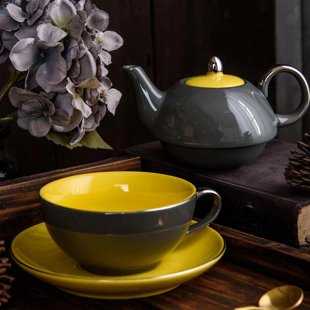 1-Cup 10 oz. Gray Porcelain Teapot Teacup and Saucer Set by Artvigor - Image 5