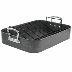 Greystone 12 qt. Speckled Grey Carbon Steel Turkey Roasting Pan Set with Rack by Gibson