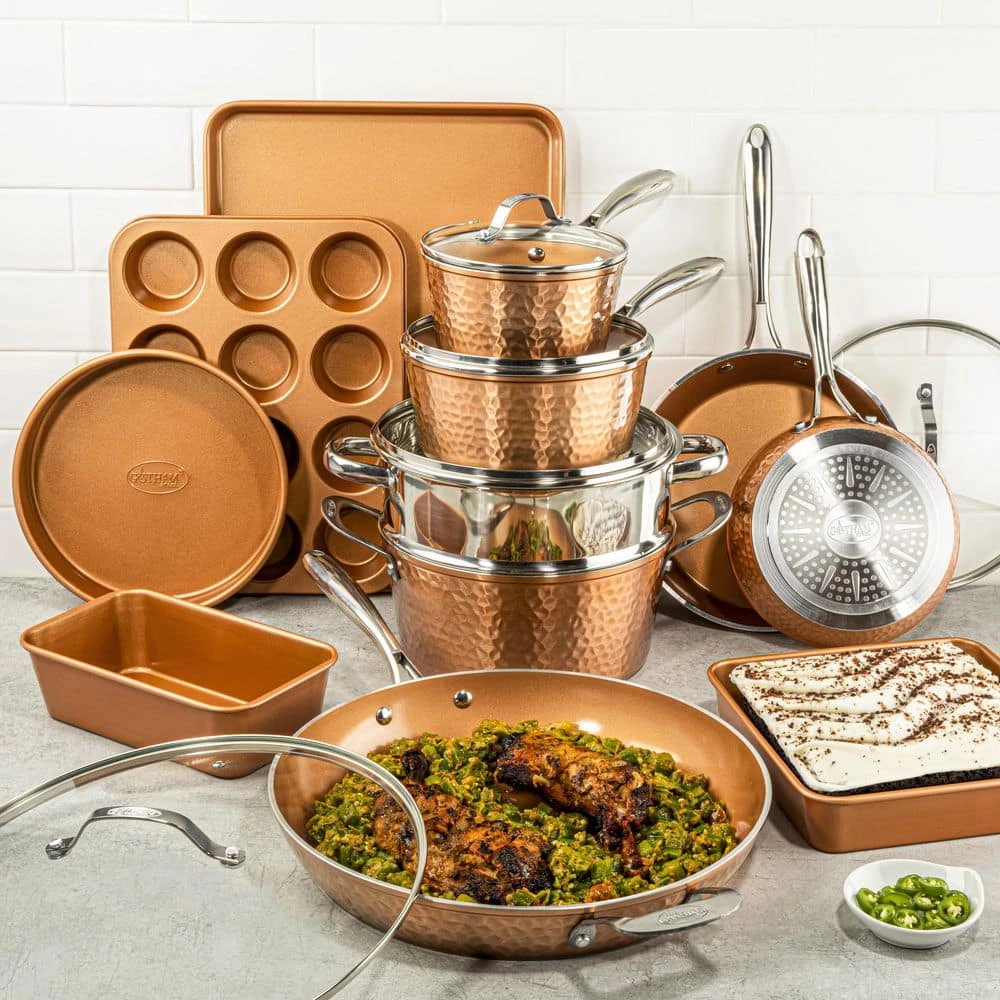Hammered Copper 17-Piece Aluminum Nonstick Cookware Set by Gotham Steel - Image 10