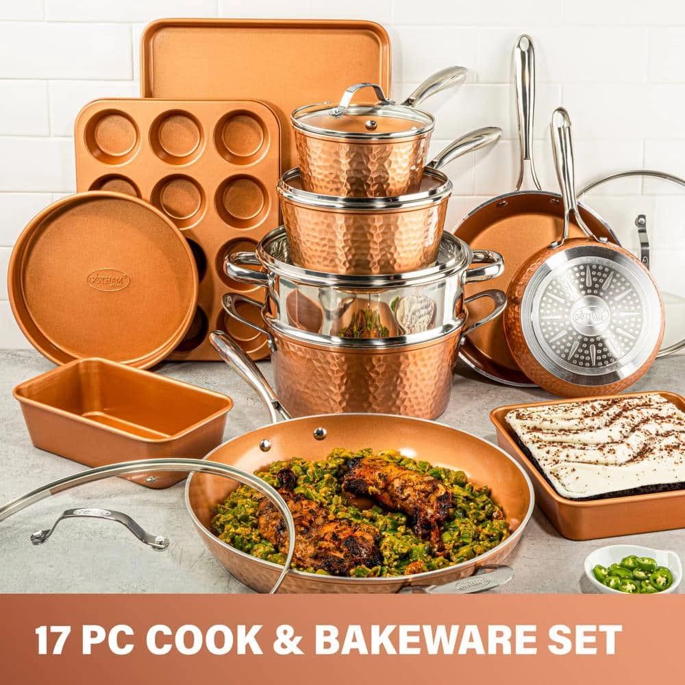 Hammered Copper 17-Piece Aluminum Nonstick Cookware Set by Gotham Steel - Image 5
