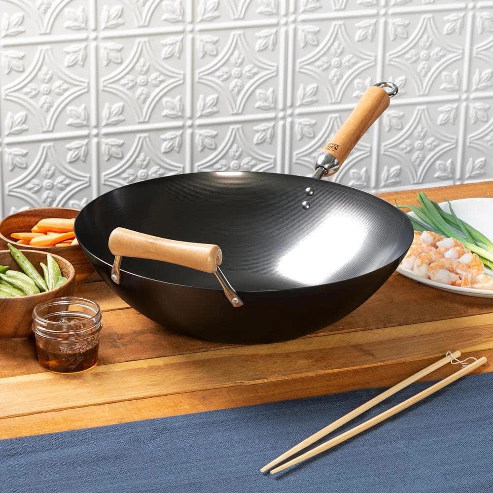 Joyce Chen 14 in. Black with Birchwood Handle Carbon Steel Non-Stick Wok by Honey-Can-Do - Image 7