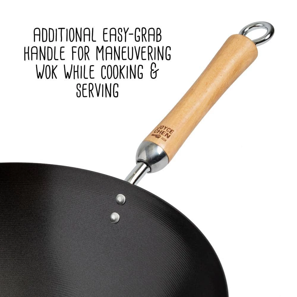 Joyce Chen 14 in. Black with Birchwood Handle Carbon Steel Non-Stick Wok by Honey-Can-Do - Image 6