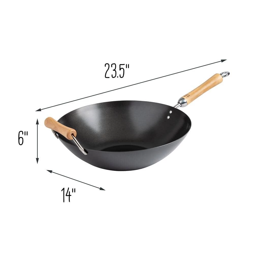 Joyce Chen 14 in. Black with Birchwood Handle Carbon Steel Non-Stick Wok by Honey-Can-Do - Image 4