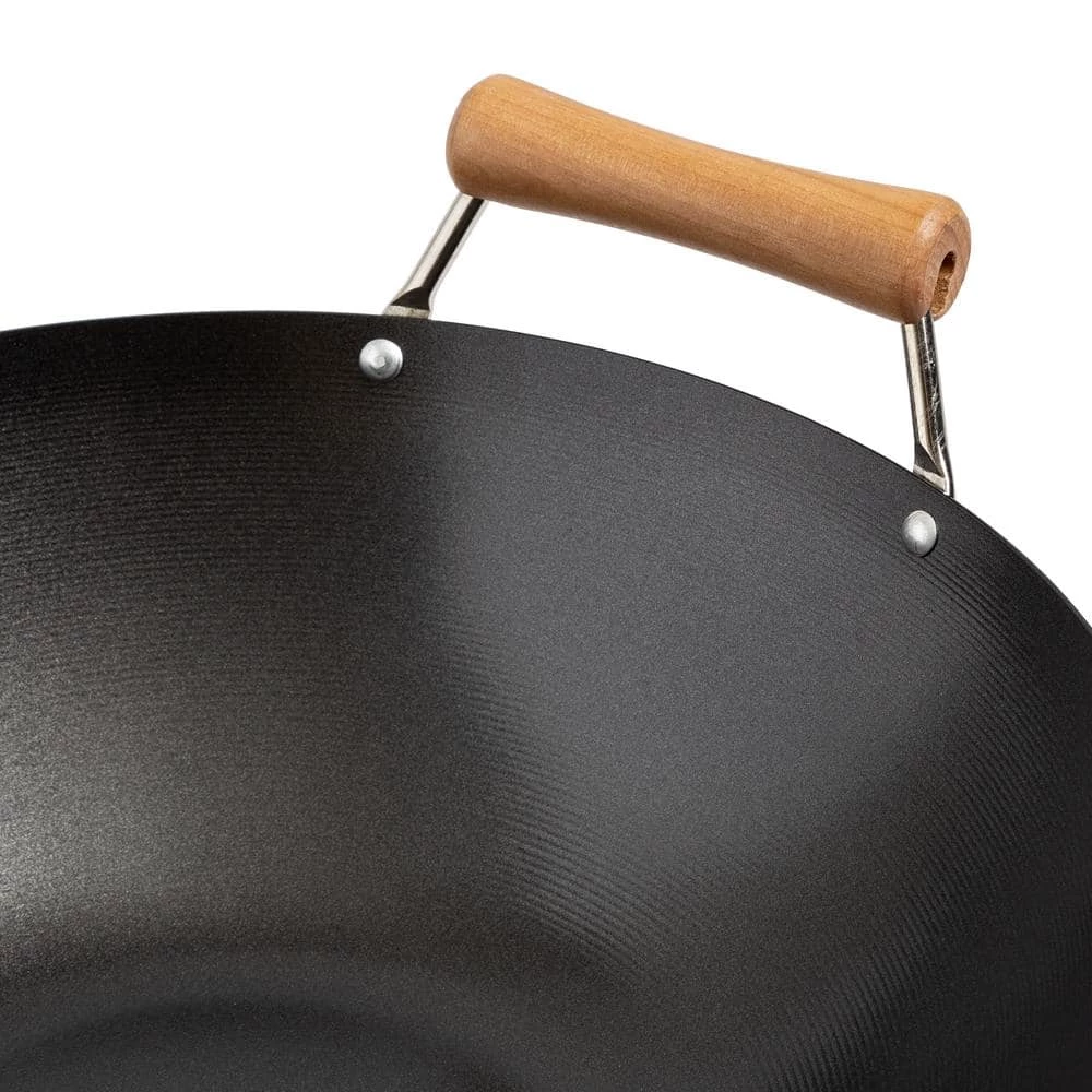 Joyce Chen 14 in. Black with Birchwood Handle Carbon Steel Non-Stick Wok by Honey-Can-Do - Image 3