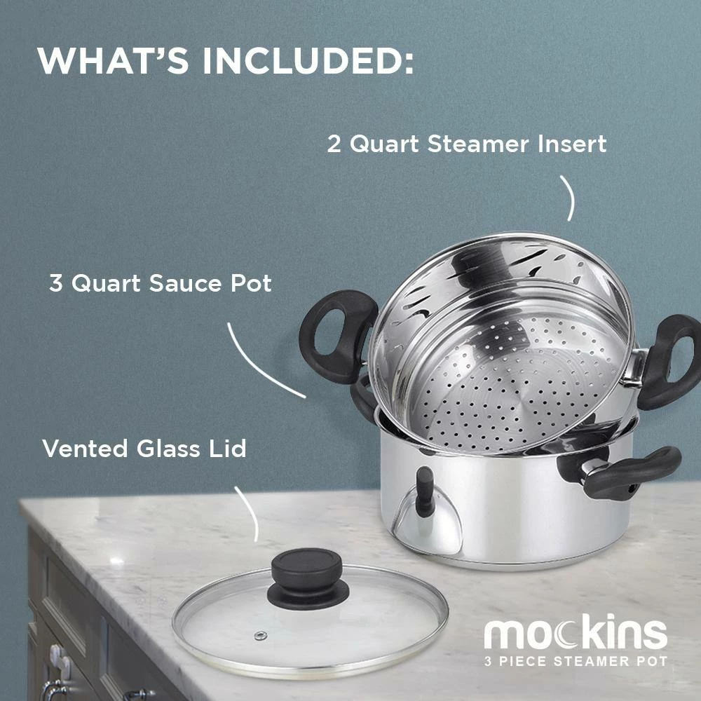 3 Qt. Premium Heavy-Duty Stainless Steel Pot with 2 qt. Steamer Insert and Lid by Mockins - Image 3