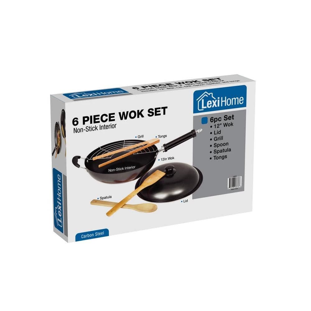 12 in. Nonstick Carbon Steel Wok Set With Stir Fry Tools - 6-piece. Set by Lexi Home - Image 5