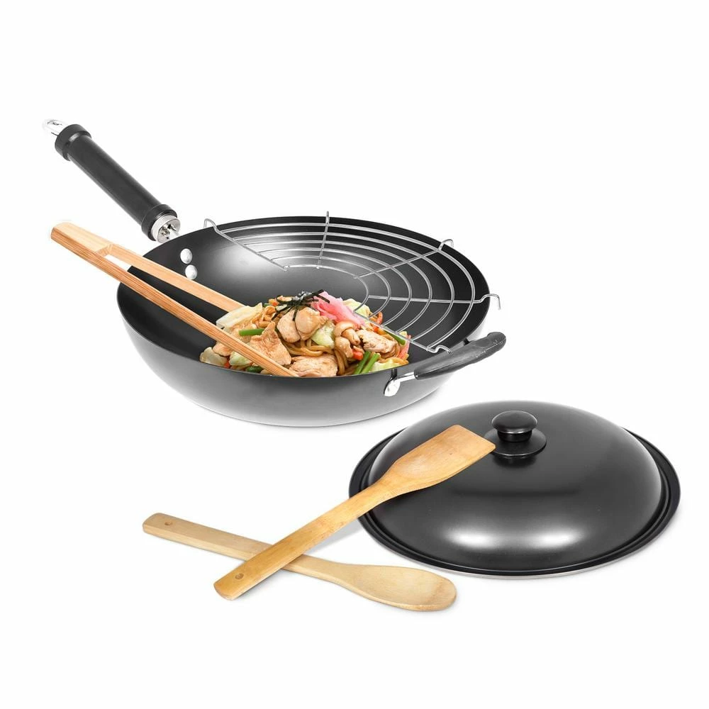 12 in. Nonstick Carbon Steel Wok Set With Stir Fry Tools - 6-piece. Set by Lexi Home - Image 2