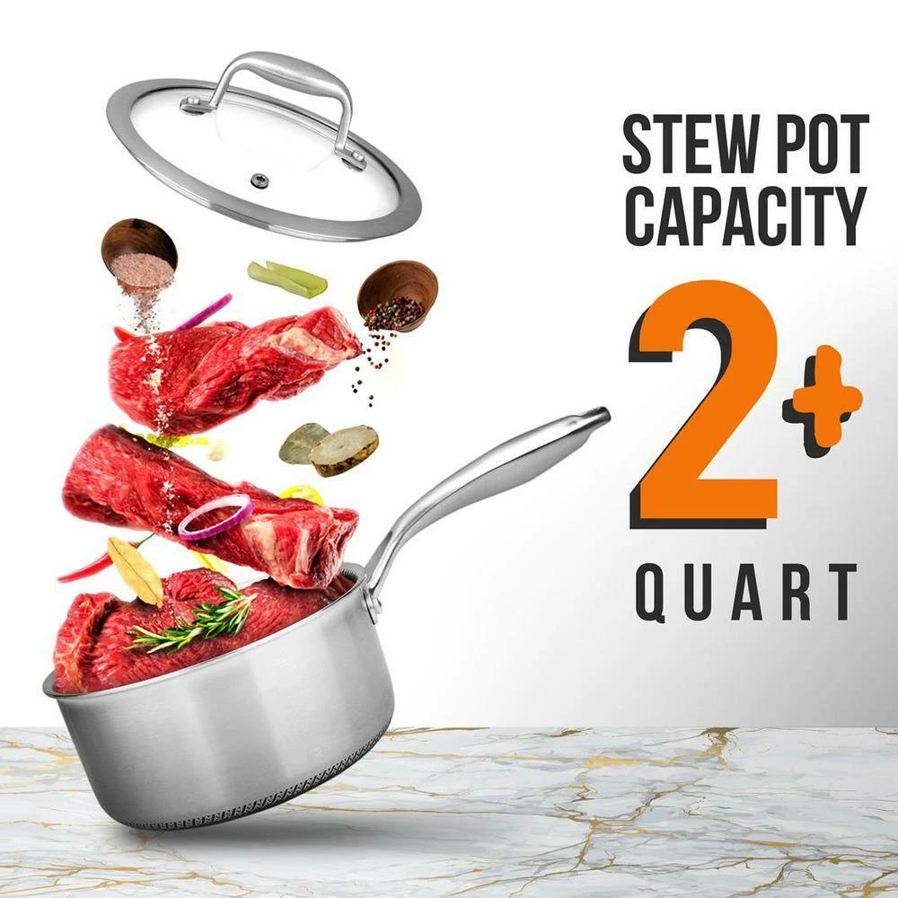 2 qt. Sauce Pot with Glass Lid Triply Stainless Steel Cookware DAKIN Etching Non-Stick Coating Inside and Outside by NutriChef - Image 5