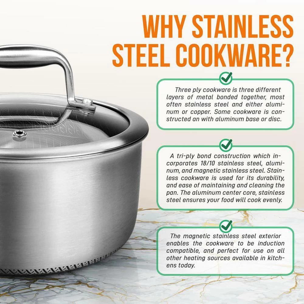 2 qt. Sauce Pot with Glass Lid Triply Stainless Steel Cookware DAKIN Etching Non-Stick Coating Inside and Outside by NutriChef - Image 6