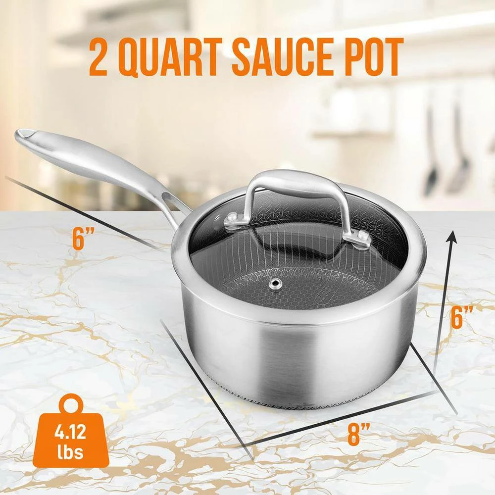 2 qt. Sauce Pot with Glass Lid Triply Stainless Steel Cookware DAKIN Etching Non-Stick Coating Inside and Outside by NutriChef - Image 4